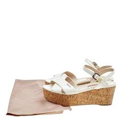 Pre Owned Prada Cream Patent Leather Cork Wedge Platform Sandals Size 36