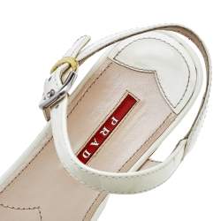 Pre Owned Prada Cream Patent Leather Cork Wedge Platform Sandals Size 36