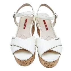 Pre Owned Prada Cream Patent Leather Cork Wedge Platform Sandals Size 36