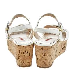 Pre Owned Prada Cream Patent Leather Cork Wedge Platform Sandals Size 36