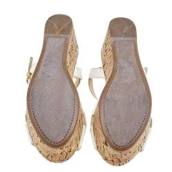 Pre Owned Prada Cream Patent Leather Cork Wedge Platform Sandals Size 36