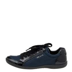 Prada Sport Black/Navy Blue Patent Leather And Nylon Low Top Sneakers Size 38