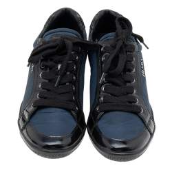 Prada Sport Black/Navy Blue Patent Leather And Nylon Low Top Sneakers Size 38