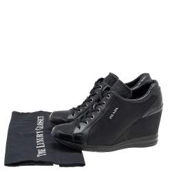 Pre Owned Prada Sport Black Leather And Nylon Lace Up Wedge Sneakers Size 39
