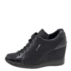 Pre Owned Prada Sport Black Leather And Nylon Lace Up Wedge Sneakers Size 39