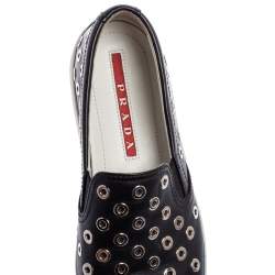 Pre Owned Prada Sport Black Leather Eyelet Embellished Slip-On Sneakers Size 38