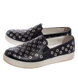 Pre Owned Prada Sport Black Leather Eyelet Embellished Slip-On Sneakers Size 38