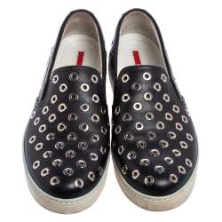 Pre Owned Prada Sport Black Leather Eyelet Embellished Slip-On Sneakers Size 38