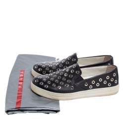 Pre Owned Prada Sport Black Leather Eyelet Embellished Slip-On Sneakers Size 38