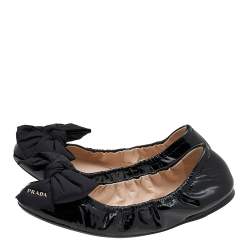 Pre Owned Prada Sport Black Patent Leather Bow Logo Scrunch Ballet Flats Size 37.5