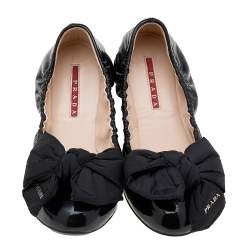 Pre Owned Prada Sport Black Patent Leather Bow Logo Scrunch Ballet Flats Size 37.5