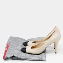 Pre Owned Prada Sport Beige/Black Patent and Leather Cap Toe Pumps Size 39.5
