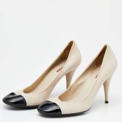 Pre Owned Prada Sport Beige/Black Patent and Leather Cap Toe Pumps Size 39.5