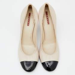 Pre Owned Prada Sport Beige/Black Patent and Leather Cap Toe Pumps Size 39.5