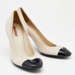 Pre Owned Prada Sport Beige/Black Patent and Leather Cap Toe Pumps Size 39.5