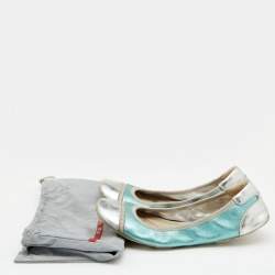 Pre Owned Prada Sport Metallic Green/Silver Leather Scrunch Ballet Flats Size 38.5