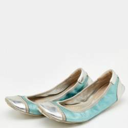 Pre Owned Prada Sport Metallic Green/Silver Leather Scrunch Ballet Flats Size 38.5