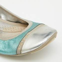 Pre Owned Prada Sport Metallic Green/Silver Leather Scrunch Ballet Flats Size 38.5