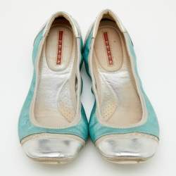 Pre Owned Prada Sport Metallic Green/Silver Leather Scrunch Ballet Flats Size 38.5