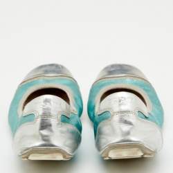 Pre Owned Prada Sport Metallic Green/Silver Leather Scrunch Ballet Flats Size 38.5