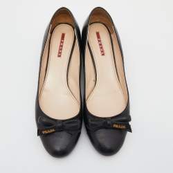 Pre Owned Prada Sports Black Leather Bow Cap Toe Block Heel Pumps Size 39.5