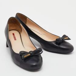 Pre Owned Prada Sports Black Leather Bow Cap Toe Block Heel Pumps Size 39.5
