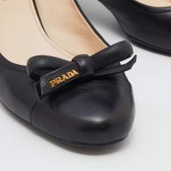 Pre Owned Prada Sports Black Leather Bow Cap Toe Block Heel Pumps Size 39.5
