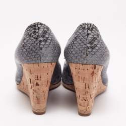 Pre Owned Prada Sport Blue Python Embossed Leather Peep Toe Wedge Espadrille Pumps Size 36