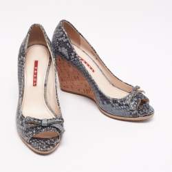 Pre Owned Prada Sport Blue Python Embossed Leather Peep Toe Wedge Espadrille Pumps Size 36