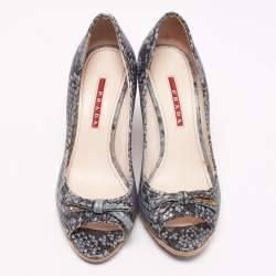 Pre Owned Prada Sport Blue Python Embossed Leather Peep Toe Wedge Espadrille Pumps Size 36