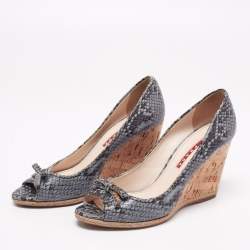 Pre Owned Prada Sport Blue Python Embossed Leather Peep Toe Wedge Espadrille Pumps Size 36