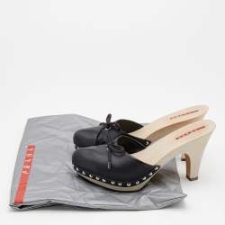 Pre Owned Prada Sport Black Leather Bow Wooden Clogs Size 38