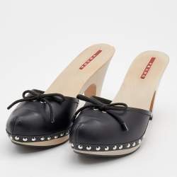 Pre Owned Prada Sport Black Leather Bow Wooden Clogs Size 38