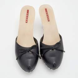 Pre Owned Prada Sport Black Leather Bow Wooden Clogs Size 38