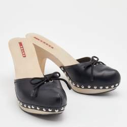 Pre Owned Prada Sport Black Leather Bow Wooden Clogs Size 38