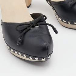 Pre Owned Prada Sport Black Leather Bow Wooden Clogs Size 38