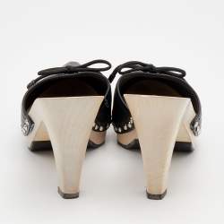 Pre Owned Prada Sport Black Leather Bow Wooden Clogs Size 38