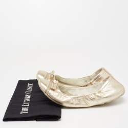 Pre Owned Prada Sport Dull Gold Leather Bow Logo Scrunch Ballet Flats Size 37