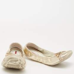 Pre Owned Prada Sport Dull Gold Leather Bow Logo Scrunch Ballet Flats Size 37