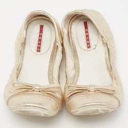 Pre Owned Prada Sport Dull Gold Leather Bow Logo Scrunch Ballet Flats Size 37