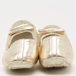 Pre Owned Prada Sport Dull Gold Leather Bow Logo Scrunch Ballet Flats Size 37