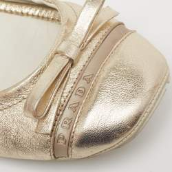 Pre Owned Prada Sport Dull Gold Leather Bow Logo Scrunch Ballet Flats Size 37