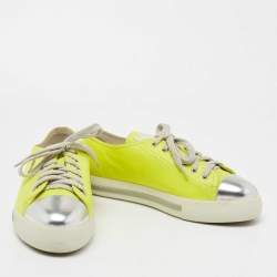 Pre Owned Prada Sport Neon Yellow/Silver Leather Cap Toe Low Top Sneakers Size 40