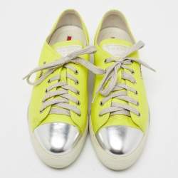 Pre Owned Prada Sport Neon Yellow/Silver Leather Cap Toe Low Top Sneakers Size 40