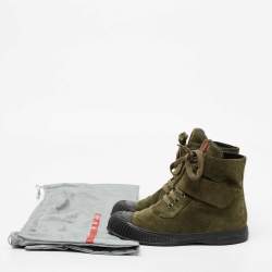 Pre Owned Prada Sport Olive Green/Black Suede and Rubber Lace-Up Ankle Boots Size 38