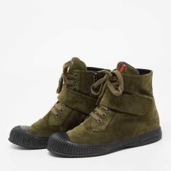 Pre Owned Prada Sport Olive Green/Black Suede and Rubber Lace-Up Ankle Boots Size 38