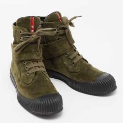 Pre Owned Prada Sport Olive Green/Black Suede and Rubber Lace-Up Ankle Boots Size 38