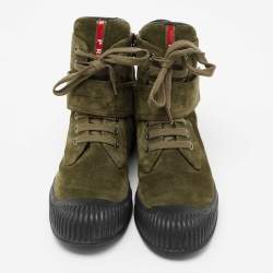 Pre Owned Prada Sport Olive Green/Black Suede and Rubber Lace-Up Ankle Boots Size 38
