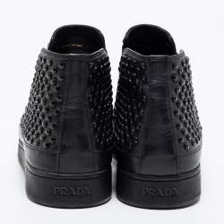 Pre Owned Prada Sport Black Leather Spikes Embellished Slip-On Sneakers Size 37