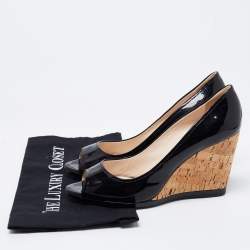 Pre Owned Prada Sport Black Patent Leather Peep Toe Cork Wedge Pumps Size 40